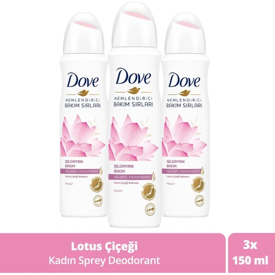 Dove Kadın Sprey Deodorant Işıldayan Bakım Lotus Çiçeği Kokusu 150 ml X3 Adet