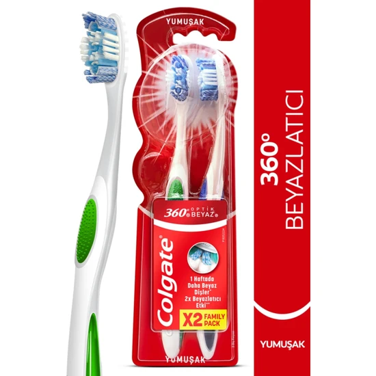 Colgate 360 Optik Beyaz Dil Ve Yanak Temizleyicili Yumuşak Beyazlatıcı Diş Fırçası 1+1