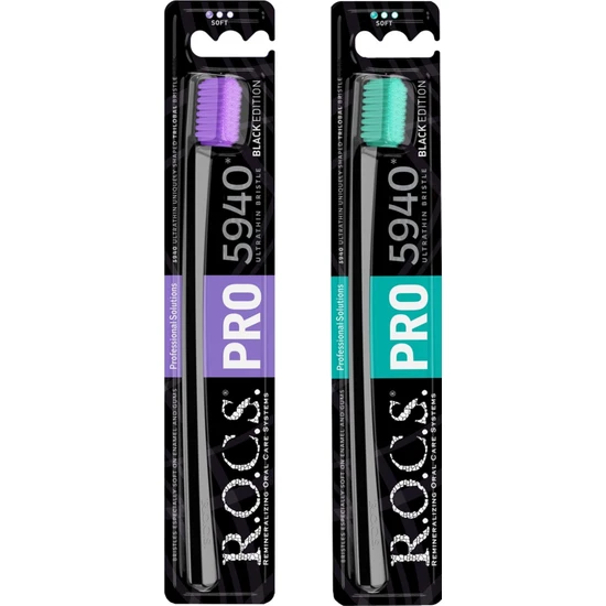 Rocs R.O.C.S. Rocs Pro Black 5940 Adet Kıl Içeren Soft Diş Fırçası - 2 Adet Mor-Yeşil