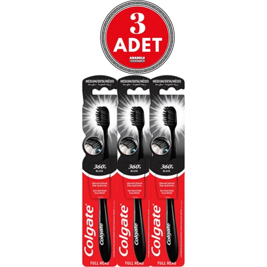 Colgate Diş Fırçası - 360° Siyah Charcoal Orta 3 Adet Colgate 360 Siyah Orta