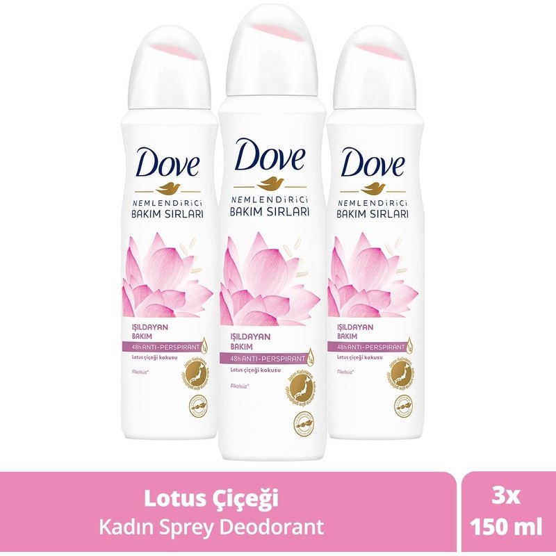 Dove Kadın Sprey Deodorant Işıldayan Bakım Lotus Çiçeği Kokusu 150 ml X3 Adet