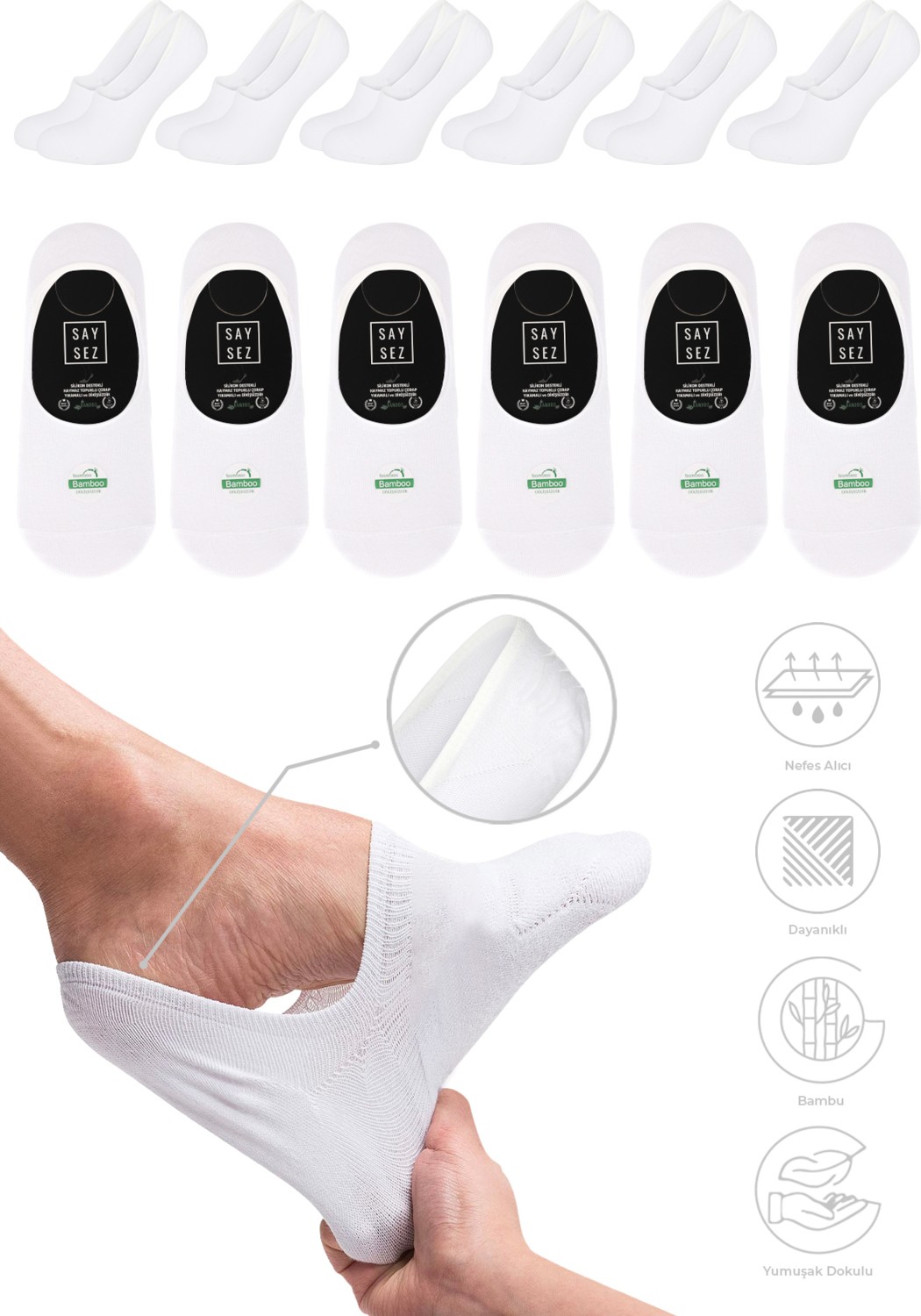 Saysez Bambu Erkek Babet Siyah Çorap Dikişsiz Görünmez Kaydırmaz Topuk Silikonlu Premium 6'lı Paket