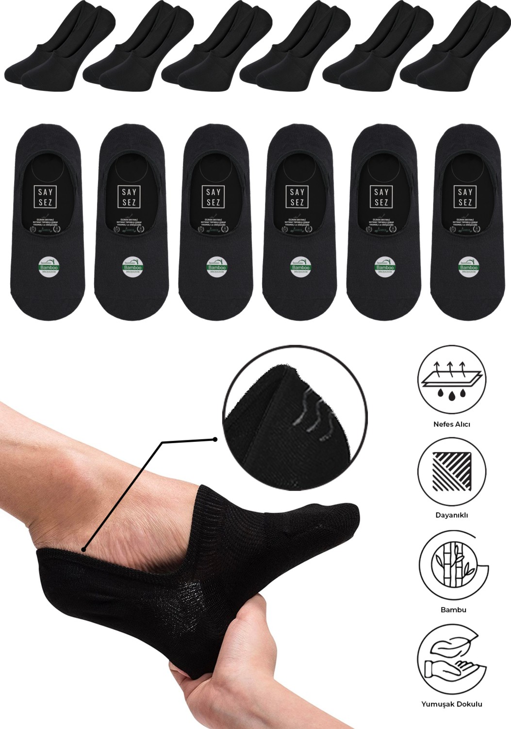 Saysez Bambu Erkek Babet Siyah Çorap Dikişsiz Görünmez Kaydırmaz Topuk Silikonlu Premium 6'lı Paket görsel 4
