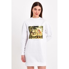 Jahr Marc Rönesans Baskılı Beyaz Mini Sweat Elbise