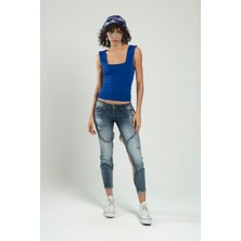 sifu tekstil Sax Renkli Kare Yaka Kadın Yığma Desen Spor Askılı Triko Atlet Crop Top Bluz SFYZ1003
