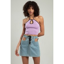 SiFu Tekstil Kadın Boyundan Askılı Spor Triko Crop Top Badi