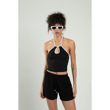 SiFu Tekstil Kadın Boyundan Askılı Spor Triko Crop Top Badi