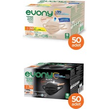 Evony Color Bej Yumuşak Elastik Kulaklı Maske 50 Adet + Siyah Elastik Kulaklı Maske 50 Adet