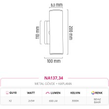 Nevo Çift Yönlü Iç Mekan 2X5W 3000K Gün Işığı  Beyaz Bakır Aplik NA137