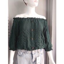 Emjey Yeşil Yaka Kol Bel Lastik Düğmeli Madonna Yaka Bluz