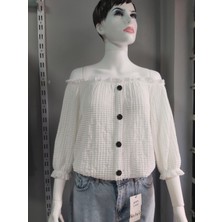 Emjey Beyaz Yaka Kol Bel Lastik Düğmeli Madonna Yaka Bluz