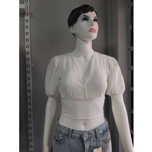 Emjey Beyaz Kruvaze Balon Kol Crop