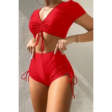Angelsin Özel Tasarım Yarım Kol Büzgü Detaylı Bikini Üstü
