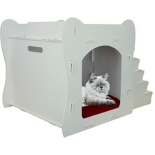 Ahşap Büyük Kedi Yatağı Premium Kalite Beyaz Kedi Evi 50X35 cm Parlak Boyalı Merdivenli Model
