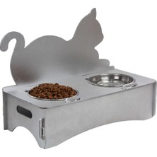 Starlightning Ahşap Kedi Mama Kabı Standı Gümüş Premium Boyalı Paslanmaz Çelik Kaseli Kedi Figür Arkalıklı Model