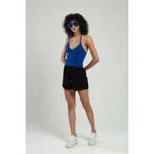 sifu tekstil Kadın Sax Renkli Boyundan Bağlamalı Fitilli Spor Triko Büstiyer Atlet Crop Top SFYZ1009