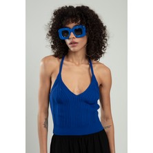 sifu tekstil Kadın Sax Renkli Boyundan Bağlamalı Fitilli Spor Triko Büstiyer Atlet Crop Top SFYZ1009
