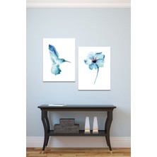 Morfil Sanat Atölyesi Suluboya Efektli Mavi Kuş Ve Çiçek Sanatsal Kanvas Tablo
