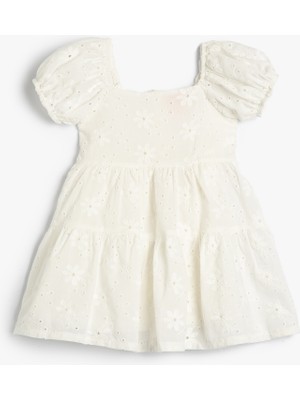 Koton Elbise Fisto Çiçek Işlemeli Balon Kollu Katlı Pamuklu Astarlı