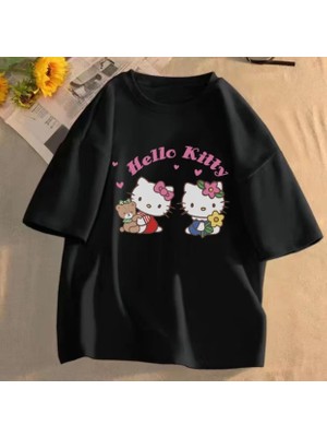 Kids Face Özel Tasarım Bisiklet Yaka Hello Kıtty Baskılı  %100 Pamuk Oversize Kız Çocuk T-Shırt