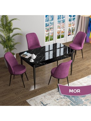 Canisa Concept Han Serisi 70X114 Açılabilir Mdf Siyah Mermer Desen Mutfak Masası Takımı 4 Sandalye