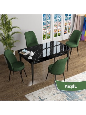 Canisa Concept Han Serisi 70X114 Açılabilir Mdf Siyah Mermer Desen Mutfak Masası Takımı 4 Sandalye
