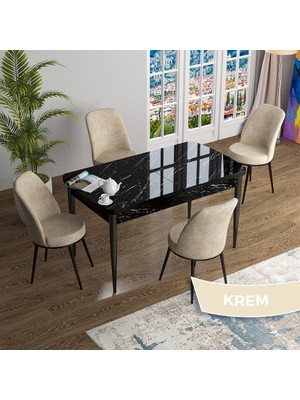 Canisa Concept Han Serisi 70X114 Açılabilir Mdf Siyah Mermer Desen Mutfak Masası Takımı 4 Sandalye