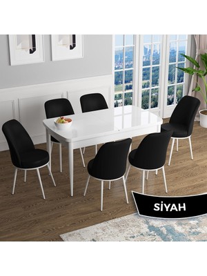 Canisa Concept Han Serisi 70X114 Açılabilir Mdf Beyaz Ahşap Desen Mutfak Masası Takımı 6 Sandalye