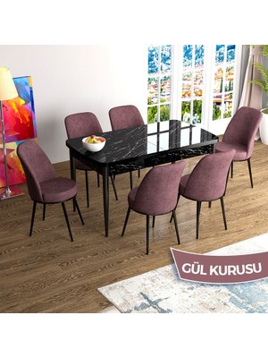 Canisa Concept Han Serisi 70X114 Açılabilir Mdf Siyah Mermer Desen Mutfak Masası Takımı 6 Sandalye