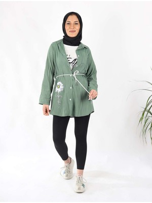 Azbey Kemer Detaylı Gömlek Bluz Ikili Takım Yeşil