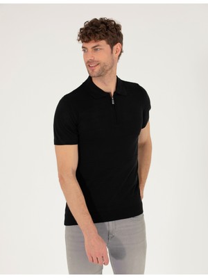 Pierre Cardin Erkek Siyah Slim Fit Fermuarlı Polo Yaka Triko Tişört 50268293-VR046