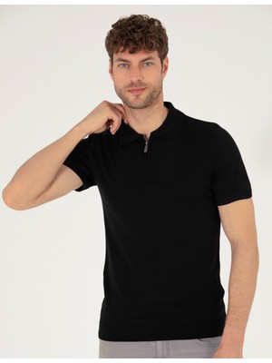 Pierre Cardin Erkek Siyah Slim Fit Fermuarlı Polo Yaka Triko Tişört 50268293-VR046