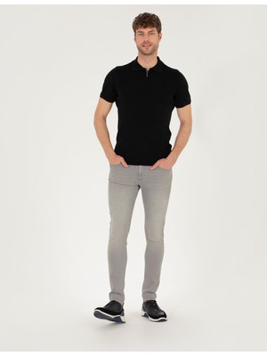 Pierre Cardin Erkek Siyah Slim Fit Fermuarlı Polo Yaka Triko Tişört 50268293-VR046