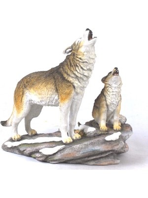 Veronese Renkli El Boyaması Uluyan Kurt ve Yavrusu 27CM