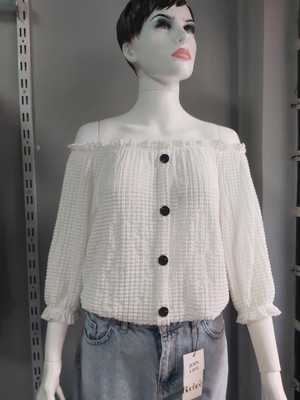 Emjey Beyaz Yaka Kol Bel Lastik Düğmeli Madonna Yaka Bluz