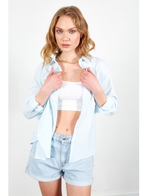 Manche Turkuaz Cepli Keten Efektli Kadın Gömlek