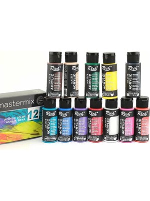 Rich Mastermix Akrilik Boya Seti 12 Renk 60 cc Su Bazlı Yüksek Örtme Gücü ile Sanat İçin