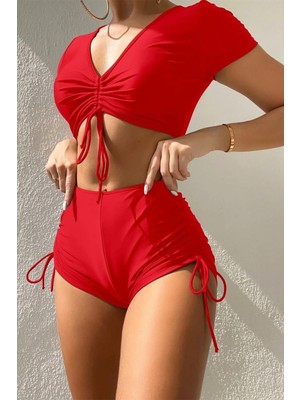 Angelsin Özel Tasarım Yarım Kol Büzgü Detaylı Bikini Takım