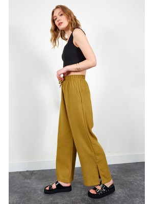 Manche Olive Keten Efektli Kadın Bol Pantolon