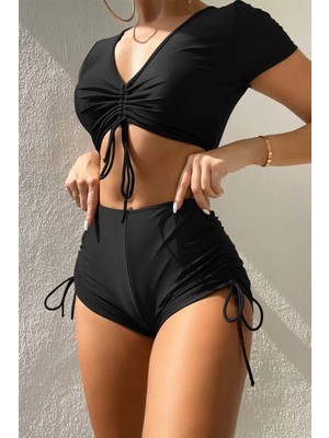 Angelsin Özel Tasarım Yarım Kol Büzgü Detaylı Bikini Üstü