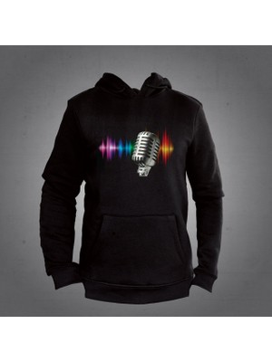 Mikrofon Renkli Kapüşonlu Sweatshirt Hoodie Unisex Siyah