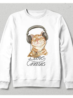 Kulaklık Kedi Sweatshirt Beyaz