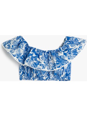 Koton Crop Bluz Düşük Omuz Fırfırlı Çiçekli Viskoz