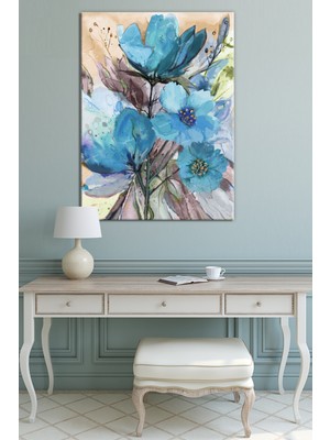 Morfil Sanat Atölyesi Mavi Suluboya Çiçekli Sanatsal Kanvas Tablo
