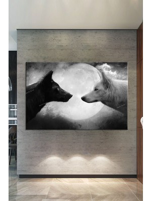 Morfil Sanat Atölyesi Siyah Beyaz Kurt Ay Işığında Dekoratif Kanvas Tablo