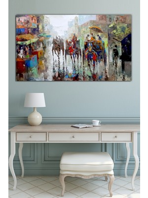 Morfil Sanat Atölyesi At Arabaları Yağmurlu Kasaba Yağlıboya Efektli Kanvas Tablo