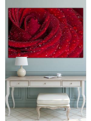 Morfil Sanat Atölyesi Kırmızı Gül Su Damlacığı Çiçek Dekoratif Kanvas Tablo