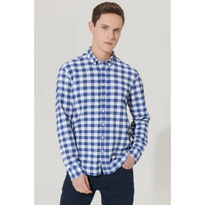 Altınyıldız Classics Erkek Beyaz-Lacivert Slim Fit Dar Kesim Düğmeli Yaka Kareli Gömlek