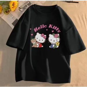 Kids Face Özel Tasarım Bisiklet Yaka Hello Kıtty Baskılı  %100 Pamuk Oversize Kız Çocuk T-Shırt