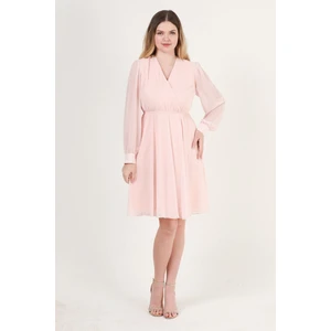 Kruvaze Yaka Bel Lastikli Şifon Elbise 1782-KREM 44